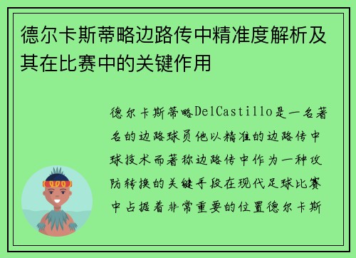 德尔卡斯蒂略边路传中精准度解析及其在比赛中的关键作用